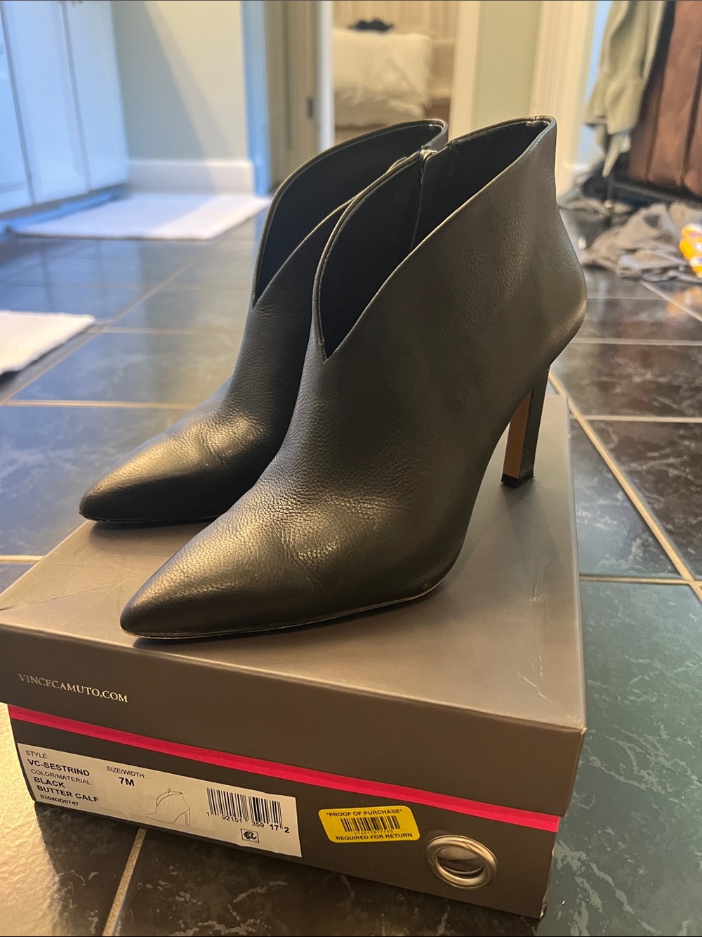 Vince Camuto Sestrind Black Butter Calf Leather Ankle Booties.